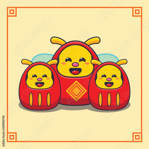 Cute bee with daruma dolls costume in chinese new year. 