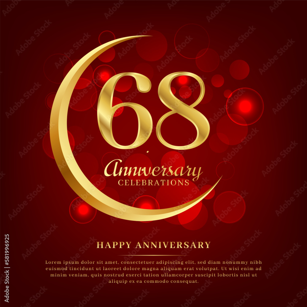 Naklejka premium 68 years anniversary with golden moon and red shiny background added with text for congratulations words