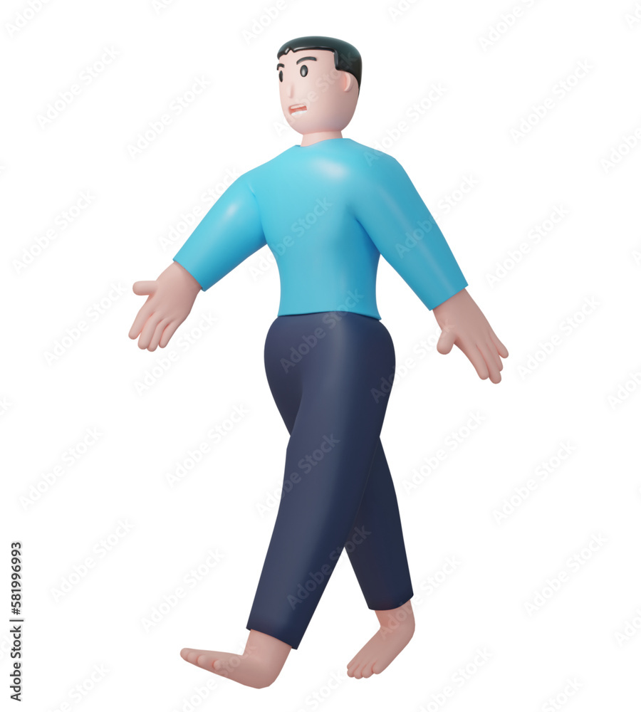 3D cartoon man walking casually. Illustration of a man walking on a white background 3d rendering
