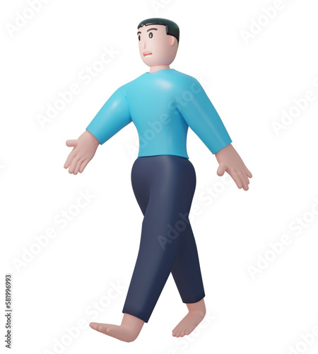 3D cartoon man walking casually. Illustration of a man walking on a white background 3d rendering © Peartive