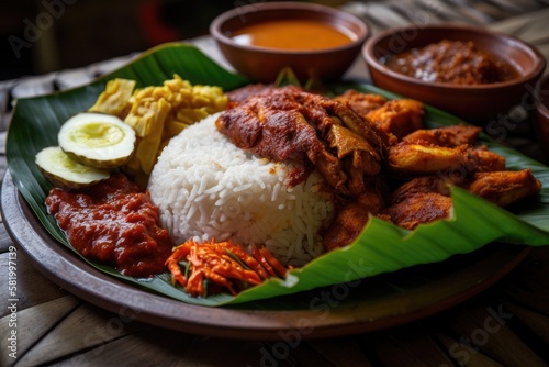 Adham Bakar Char grilled chicken from Indonesia. placed on a bamboo tray with a banana leaf covering. includes steaming rice, fresh green veggies, fried tofu, more spice paste, and chili paste