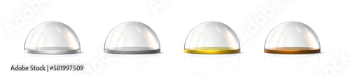 Collection of glass domes on the tray. 3d realistic vector icon.  Transparent protective cover. Snow globe, souvenir or kitchen glassware.