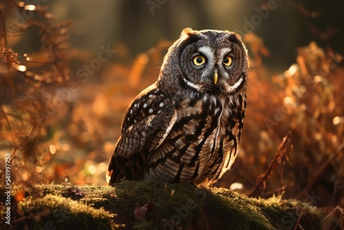 dawn owl. British owl from the morning wildlife. a hunting hut Wild bird  an owl in the lovely early light. lovely animal in its natural habitat. wildlife action scene. Generative AI