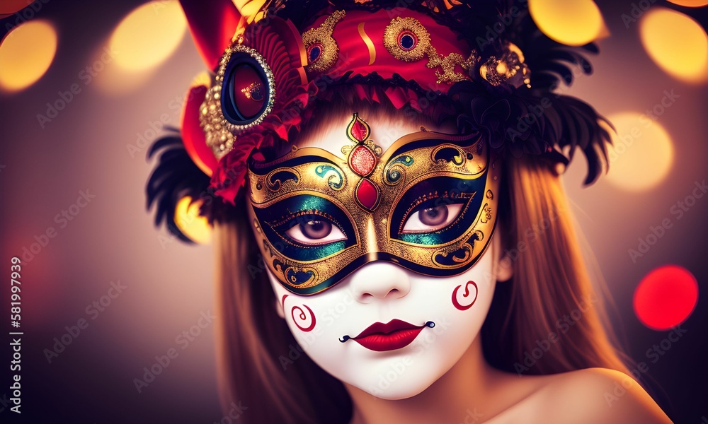 Carnival, a girl in a Venetian mask, close-up, imitation, masquerade decorations with shiny ribbons on abstract defocused Bokeh lights, fantasy, generated in AI