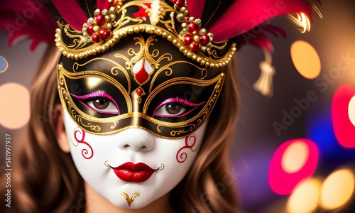 Carnival, a girl in a Venetian mask, close-up, imitation, masquerade decorations with shiny ribbons on abstract defocused Bokeh lights, fantasy, generated in AI © Andrei
