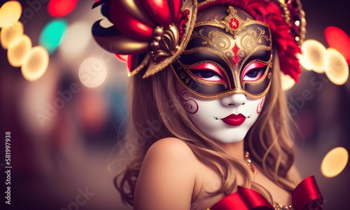 Carnival, a girl in a Venetian mask, close-up, imitation, masquerade decorations with shiny ribbons on abstract defocused Bokeh lights, fantasy, generated in AI