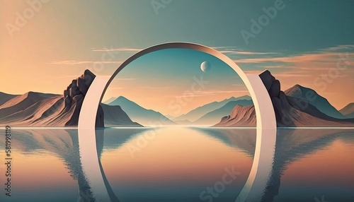 Fotografering ﻿Marvelous scenery of tranquil water, flat geometrical archways reflecting and an unvaried sky AI generation