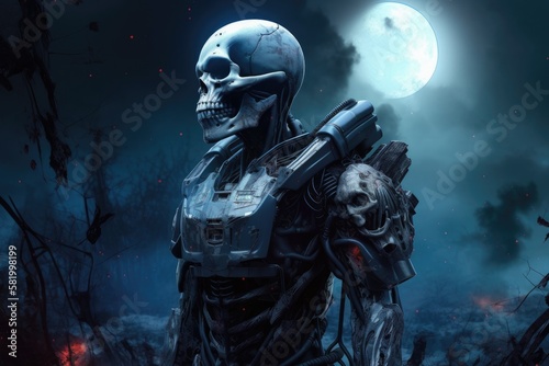 Cyberpunk soldier skull moon An illustration of a futuristic military robot warrior standing amidst debris in space has a huge, ominous human skull. moon. Generative AI