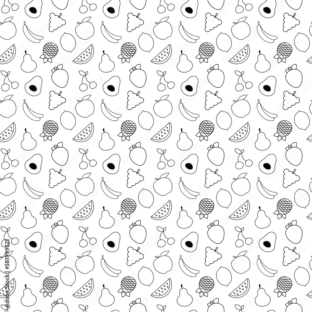 Vector illustration seamless pattern of fruit icon.icons,berry, fruits,vegetables.In line-art style,on white background,with lines.Line.Kitchen.Napkins.Print for textile,web design,social networks. Vector illustration seamless pattern of fruit icon.icons,berry, fruits,vegetables.In line-art style,on white background,with lines.Line.Kitchen.Napkins.Print for textile,web design,social networks.