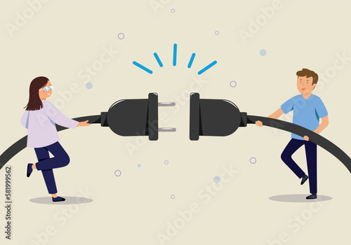 Electric Plug connect concept socket, Cartoon get connected or disconnect vector power plug cable, 404 error banner.