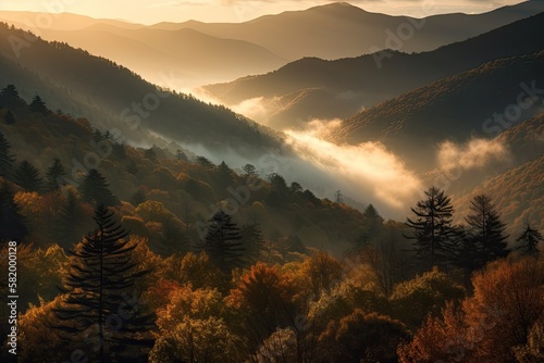 A view of the Smoky Mountains at sunrise. Generative AI