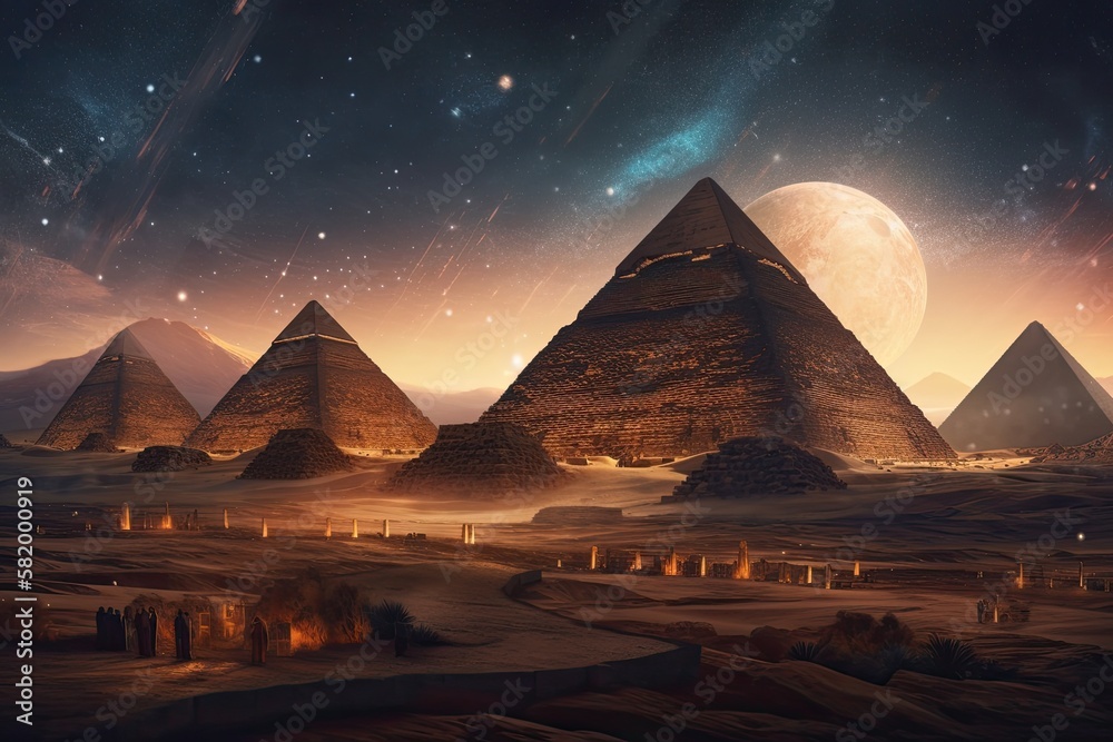 Egyptian pyramids are present in this future desert environment at night. Stars in the night sky, light beams, and galaxy glare. in the pyramid's tunnel. illustration. Generative AI