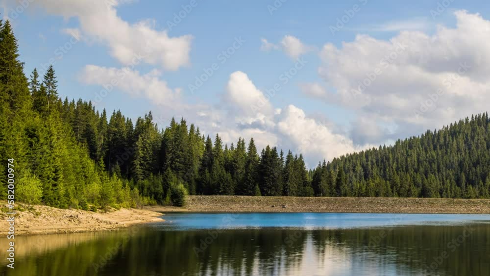 Lake with clear water and stone shore in spruce forest with fir trees against a daytime sky Lake with clear water and stone shore in spruce forest with fir trees against a daytime sky