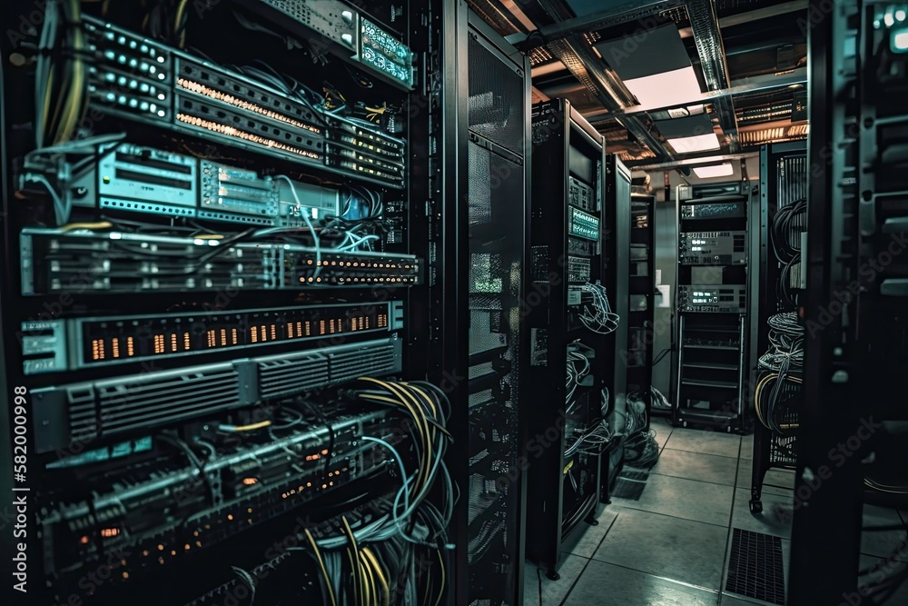 Black servers in a server room. Generative AI