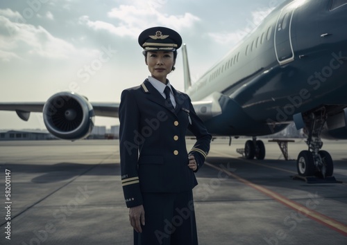 Asian female pilot in front of an airplane. Generative AI.