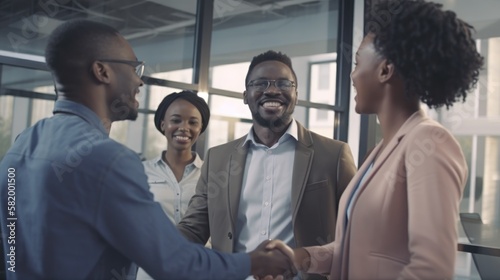 Professional Workplace Men Women: African American Black Software developer Greeting with Confidence Friendliness in Business Setting, Diversity Equity Inclusion DEI Celebration (generative AI
