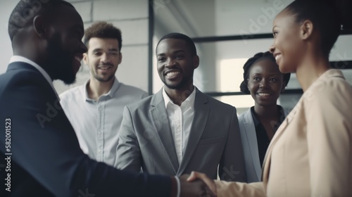 Professional Workplace Men Women: African American Black Scientist Greeting with Confidence Friendliness in Business Setting, Diversity Equity Inclusion DEI Celebration (generative AI