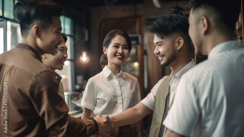Professional Workplace Men Women: Asian Barber Greeting with Confidence Friendliness in Business Setting, Diversity Equity Inclusion DEI Celebration (generative AI