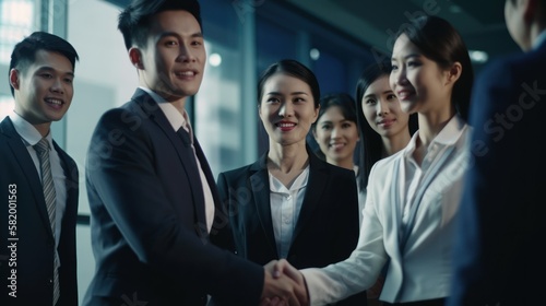 Professional Workplace Men Women: Asian Detective Greeting with Confidence Friendliness in Business Setting, Diversity Equity Inclusion DEI Celebration (generative AI