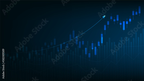Financial business statistics with bar graph and candlestick chart show stock market price and effective earning on dark blue background
