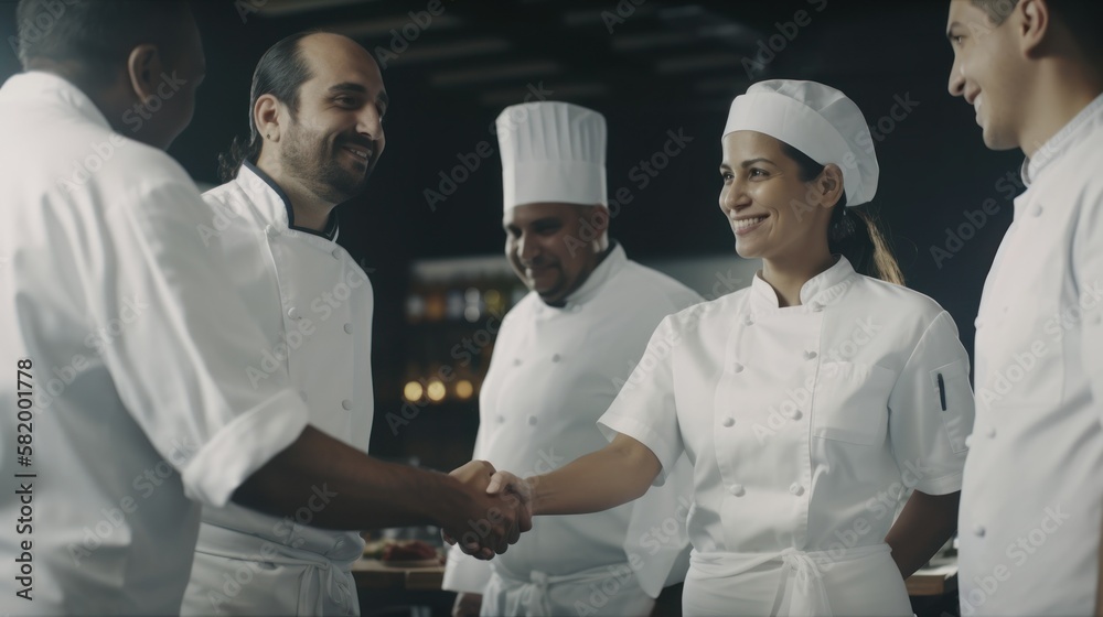 Professional Workplace Men Women: Hispanic Chef Greeting with Confidence Friendliness in Business Setting, Diversity Equity Inclusion DEI Celebration (generative AI