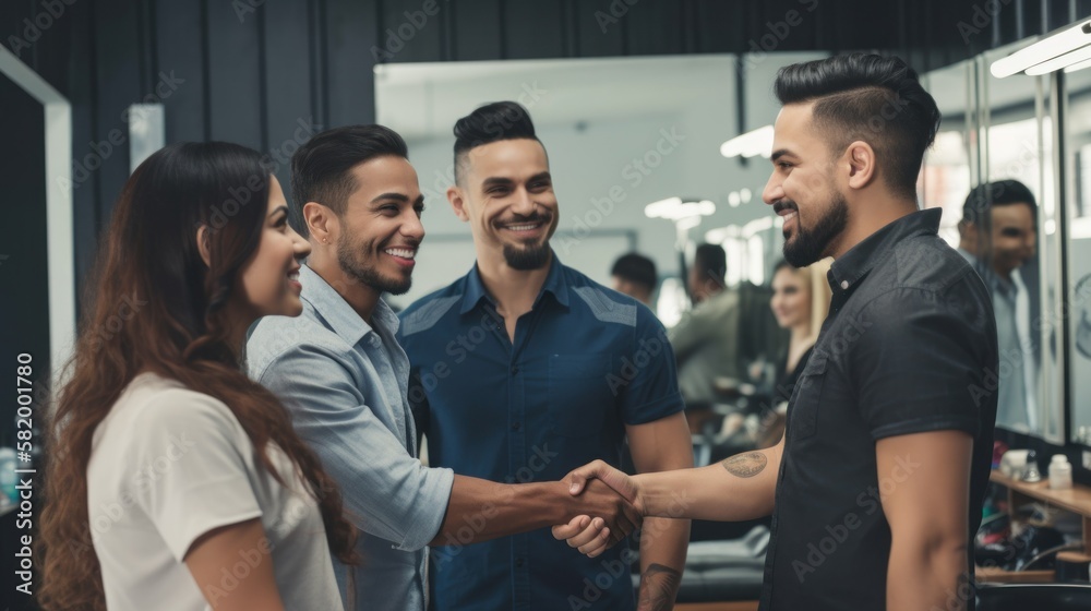 Professional Workplace Men Women: Hispanic Barber Greeting with Confidence Friendliness in Business Setting, Diversity Equity Inclusion DEI Celebration (generative AI Professional Workplace Men Women: Hispanic Barber Greeting with Confidence Friendliness in Business Setting, Diversity Equity Inclusion DEI Celebration (generative AI