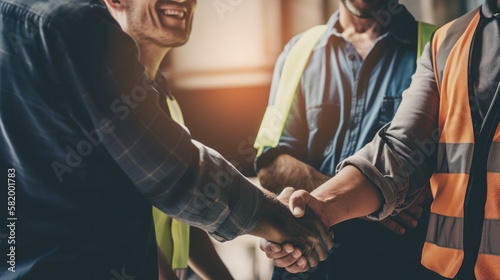 Professional Workplace Men Women: Hispanic Construction worker Greeting with Confidence Friendliness in Business Setting, Diversity Equity Inclusion DEI Celebration (generative AI