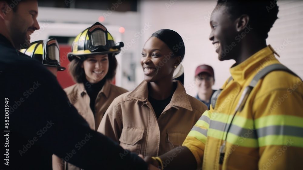 Obraz premium Professional Workplace Men Women: Multiracial Firefighter Greeting with Confidence Friendliness in Business Setting, Diversity Equity Inclusion DEI Celebration (generative AI