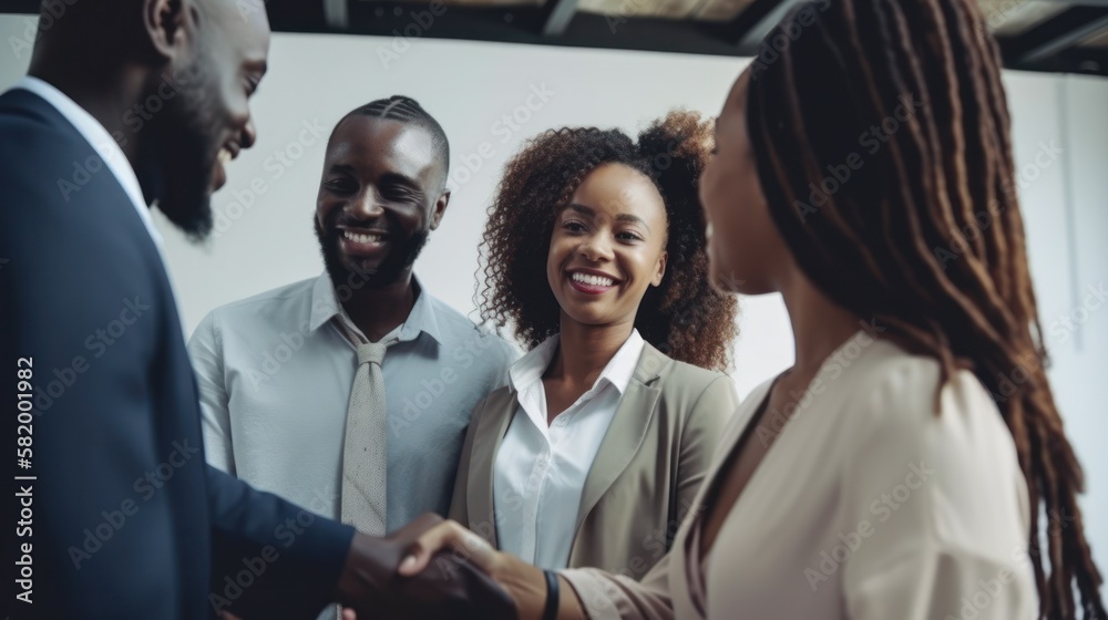Professional Workplace Men Women: African American Black Cosmetologist Greeting with Confidence Friendliness in Business Setting, Diversity Equity Inclusion DEI Celebration (generative AI