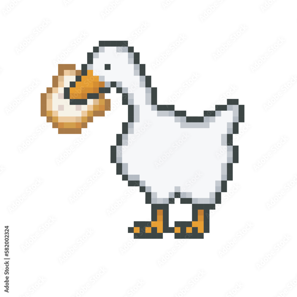 Fototapeta premium Goose with a slice of bread, pixel art meme