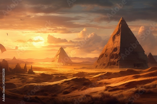 Concept art made from scratch without using a reference image depicts imposing ancient pyramids in a scorching desert atmosphere and an epic sky with hills of sand in the backdrop. Generative AI
