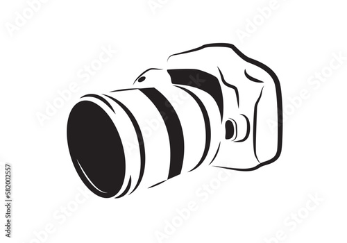 Photo camera vector icon. Dslr camera with zoom lens logo.