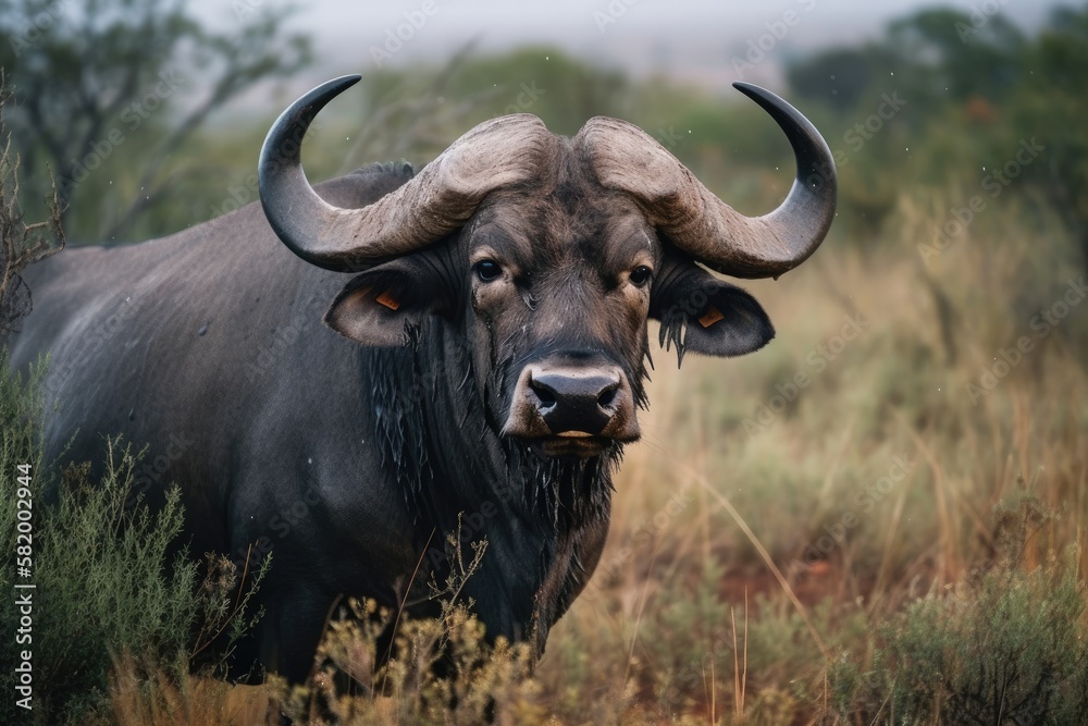 a photograph of a Cape Buffalo seen in South Africa during a safari. Generative AI