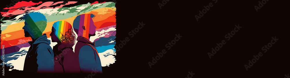 Illustration of Silhouette of man and woman collab with rainbow color art for banner, template, card, generative ai