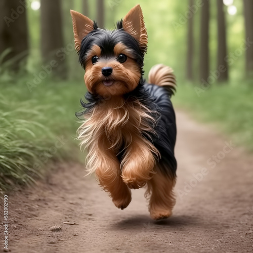 Cute and adorable little Yorkshire terrier running through forest. Generative AI