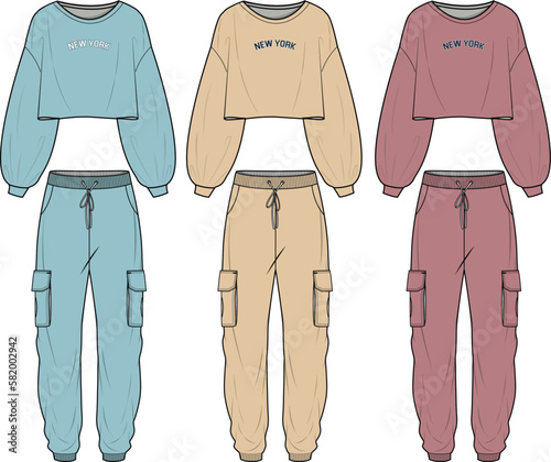 Photo Women bishop sleeve crop top tracksuit, 3 color set tracksuit Fashion Illustration, Vector, CAD, Technical Drawing, Flat Drawing, Template, Mockup