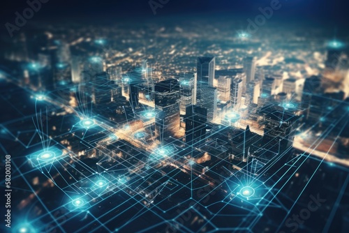 a network of objects modern grid. abstracting a concept. 5G engineering. Smart City is a contemporary city and communications system. Concept of a network connection and a blue toned cityscape photo