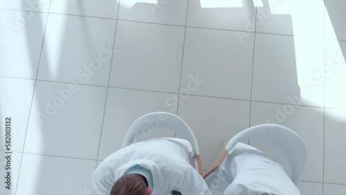 scientists examining control samples in the laboratory. top view.