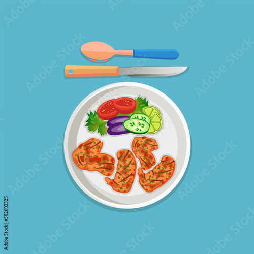 Tandoori Chicken, Best Minimal Asian Food Clip Art Vector, Restaurant, Lunch Cookery Delicious Traditional Dish Product, Food Illustration Background.