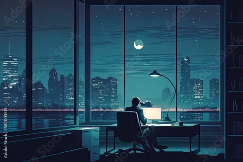Businessman working on computer, office late at night, city view from office room cartoon style illustration. Generative ai.