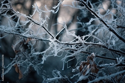 Branch frost on trees in the winter. Generative AI