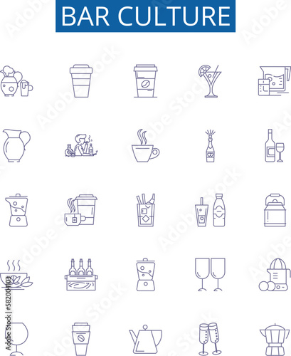 Bar culture line icons signs set. Design collection of Bar, Culture, Alcohol, Drinks, Music, Friends, Pub, Beer outline concept vector illustrations