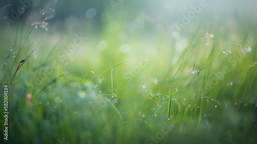 grass with dew, wallpaper in soft green-blue, Generative AI