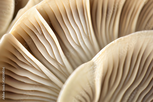 Close up of gills of oyster mushroom Pleurotus ostreatus. Generative Ai