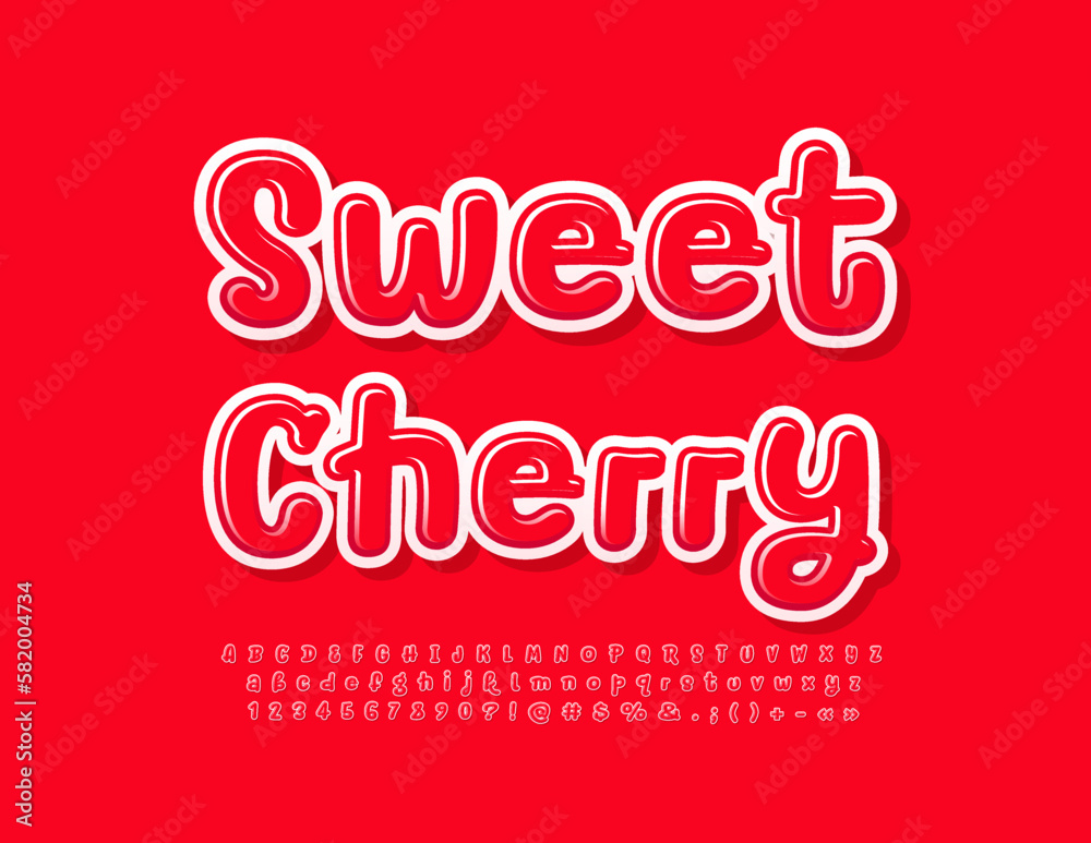 Vector bright banner Sweet Cherry with funny Font. Red handwritten Alphabet Letters, Numbers and Symbols set Vector bright banner Sweet Cherry with funny Font. Red handwritten Alphabet Letters, Numbers and Symbols set