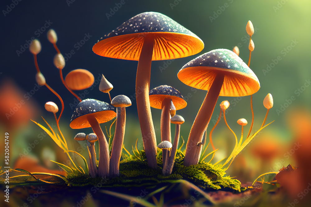 Fototapeta premium Daytime closeup of a Chlorophyllum molybdites fungus growing in a field. Generative AI