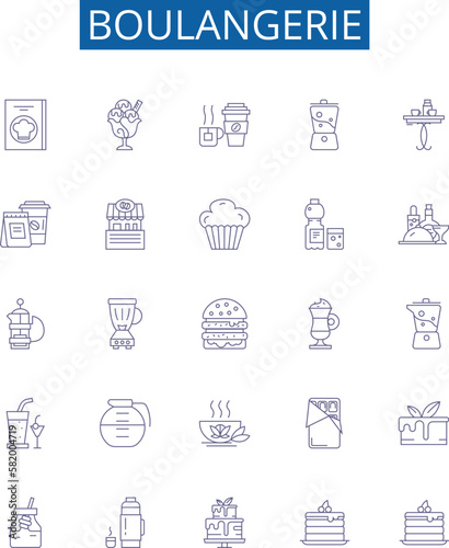 Boulangerie line icons signs set. Design collection of Bakery, Patisserie, Bread, Croissant, Cookies, Viennoiserie, Cake, Tart outline concept vector illustrations