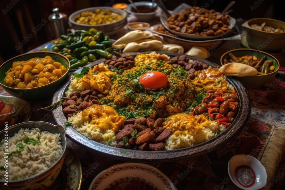 Arabic food; a typical meal in the Middle East. And it's Iftar time for Ramadan. the Ramadan supper that Muslims consume after sundown. a variety of oriental foods from Egypt. close up from the top