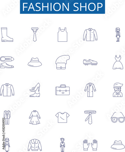 Fashion shop line icons signs set. Design collection of Fashion, Shop, Clothes, Apparel, Boutique, Store, Retail, Merchandise outline concept vector illustrations