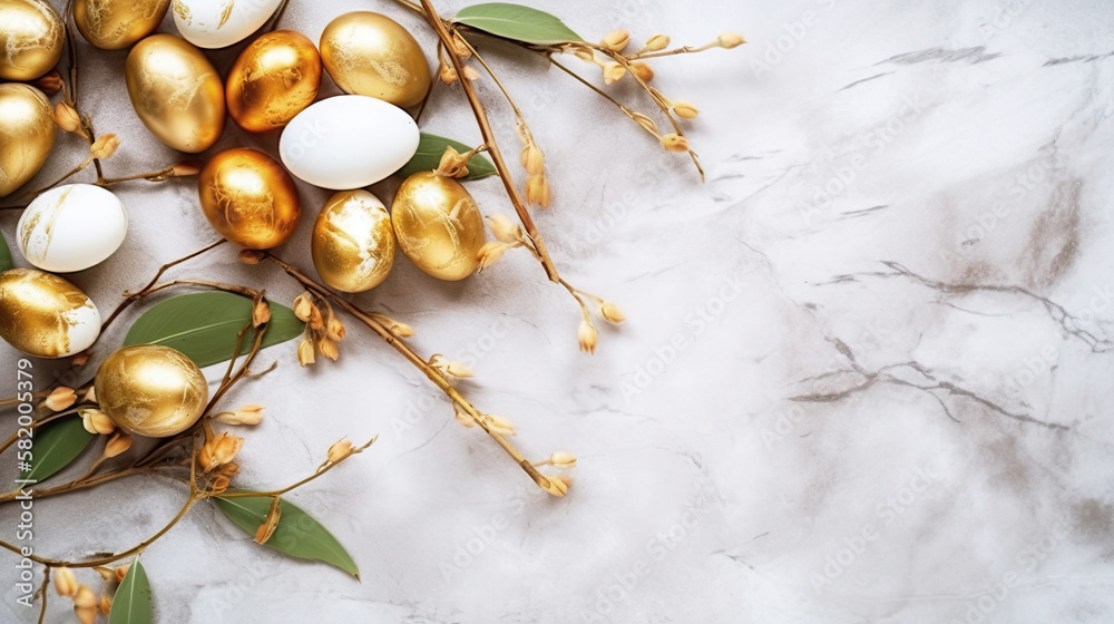 Generative AI. flatlay composition Golden Easter eggs with flowers on a white marble background. Copying space. View from above. Horizontal illustration.